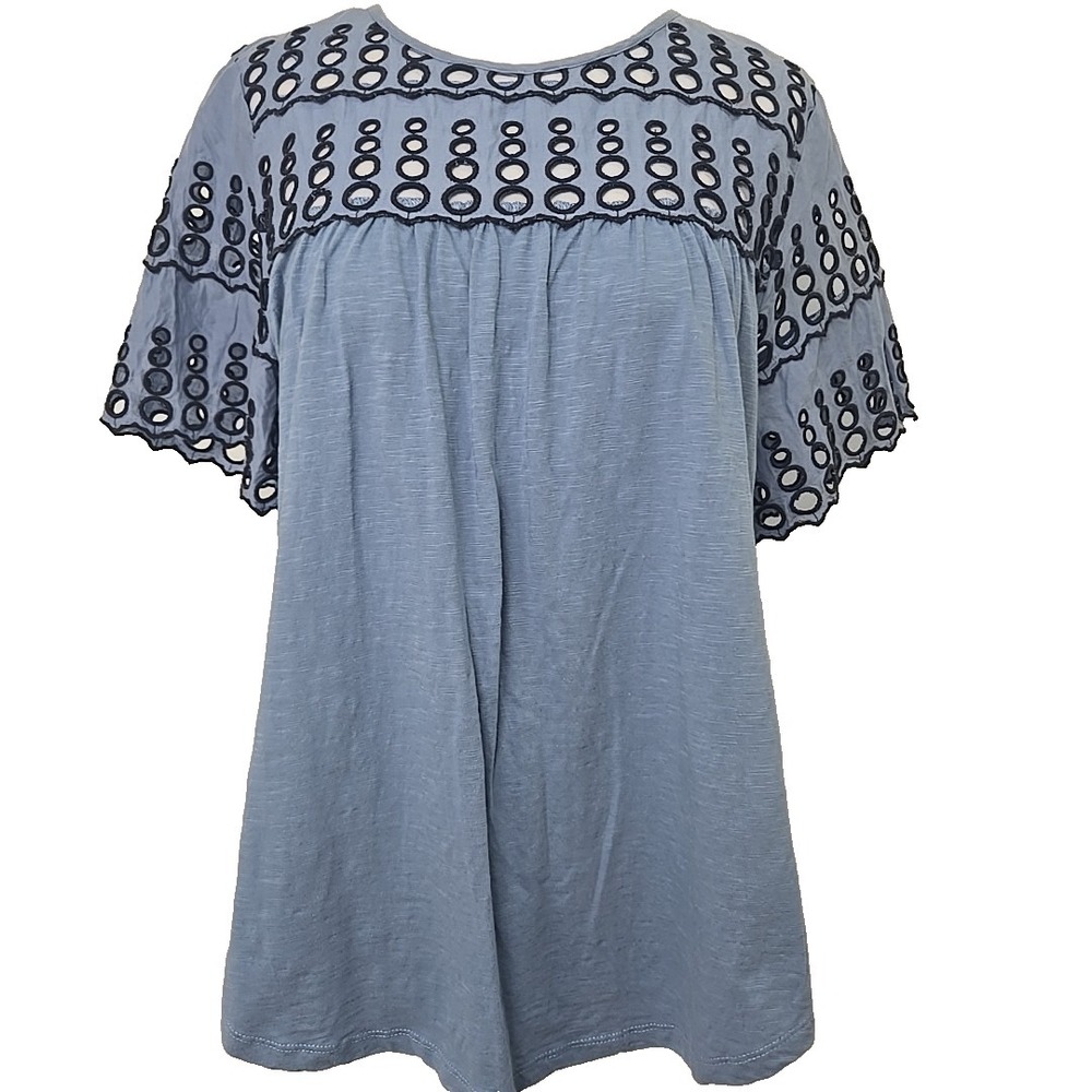 Cupio Large L Women's Blue Jersey Eyelet Trim‎ Short Sleeve Tunic Top